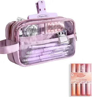 ITA Pencil Pouch, Large Capacity Office Pen Case with 5 Compartments & Clear Window & Handle, Portable Organizer Bag for Adults (Pink 4 Highlighters)