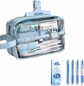 ITA Pencil Pouch, Large Capacity Office Pen Case with 5 Compartments & Clear Window & Handle, Portable Organizer Bag for Adults (Blue 4Pens)