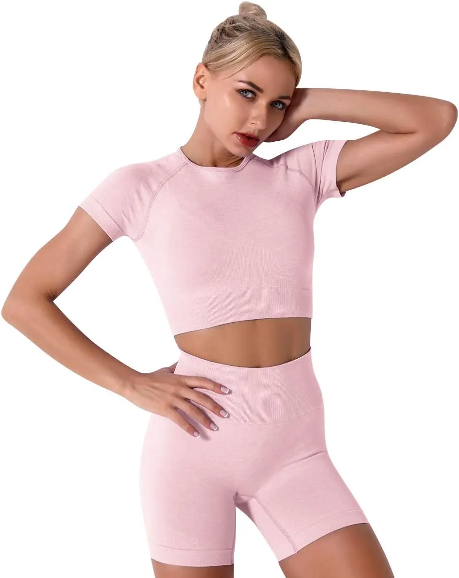 IWEMEK Women Seamless Yoga Outfits 2 Piece Workout Short Sleeve Crop Top with High Waisted Running Shorts Sets Activewear