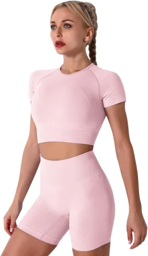 IWEMEK Women Seamless Yoga Outfits 2 Piece Workout Short Sleeve Crop Top with High Waisted Running Shorts Sets Activewear