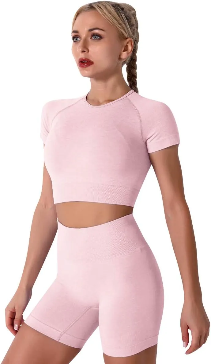 IWEMEK Women Seamless Yoga Outfits 2 Piece Workout Short Sleeve Crop Top with High Waisted Running Shorts Sets Activewear