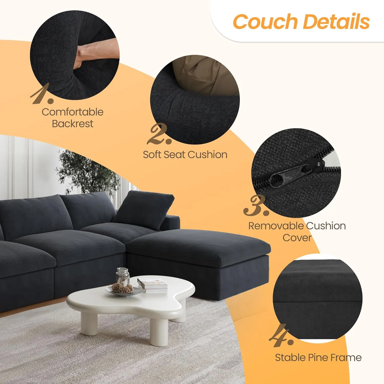 JACH L Shape Sectional Couches for Living Room, Modern Modular Convertible Sofa, Cloud Couch, Thick Cushion, Couch Covers Removable, Sectional Sofas for Living Room Apartment (Black)