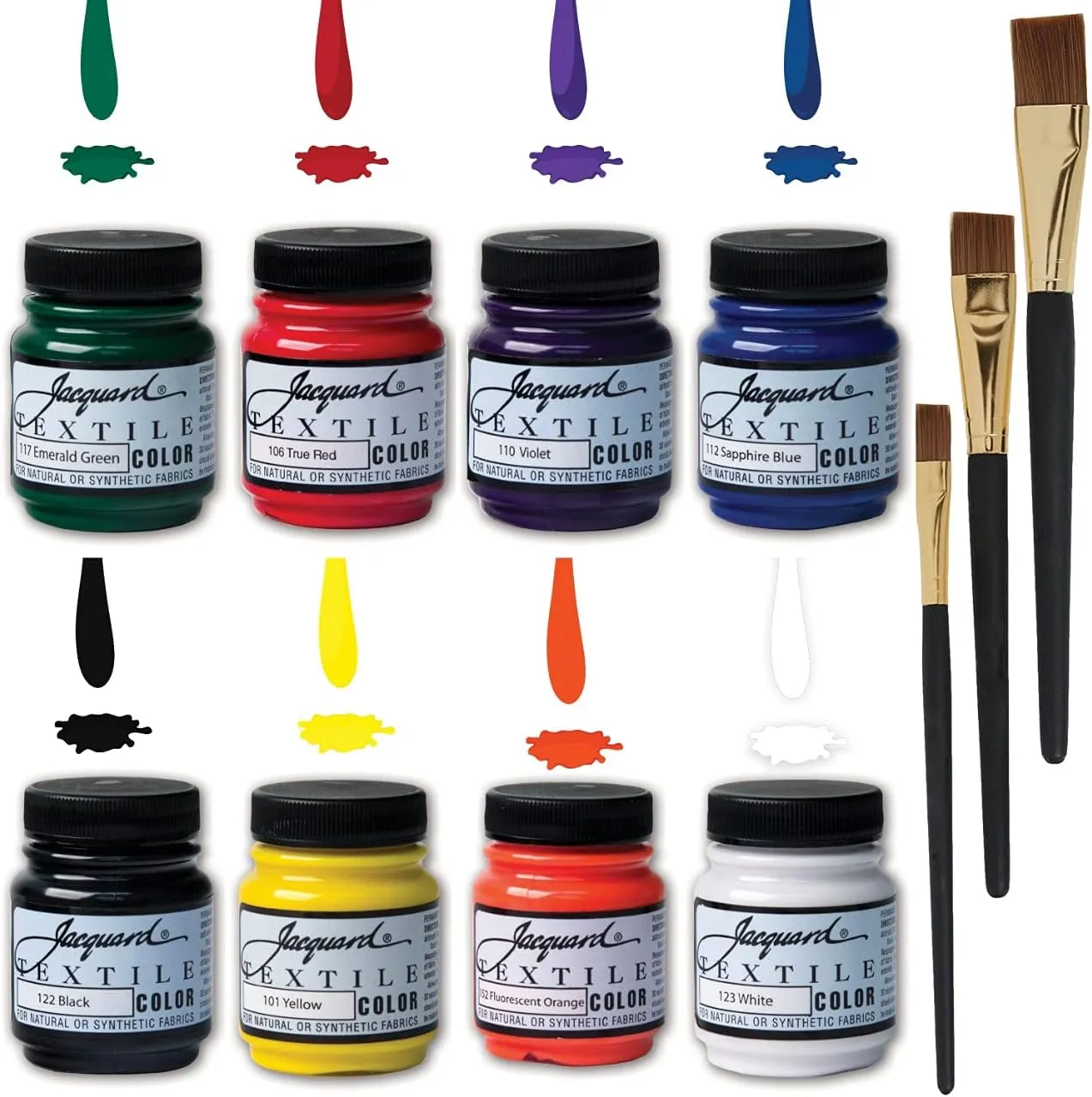Jacquard Fabric Paint Textile Primary & Secondary 8 Color Set, 2.25-oz, Permanent All-Surface Paint for Jeans, T-Shirts, Shoes, Canvas, Leather, Upholstery, Wood, and more, With 3 Positive Art Brushes