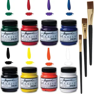 Jacquard Fabric Paint Textile Primary & Secondary 8 Color Set, 2.25-oz, Permanent All-Surface Paint for Jeans, T-Shirts, Shoes, Canvas, Leather, Upholstery, Wood, and more, With 3 Positive Art Brushes