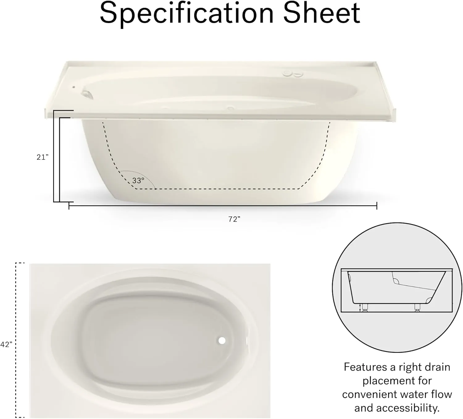 Jacuzzi SIGNATURE Acrylic Oval Drop-In Bathtub, Soaking Sanctuary, Slip Resistant, Right Drain Placement, 72" (L) x 42" (W), Oval In Rectangle, 3-Tile Flange, Oyster
