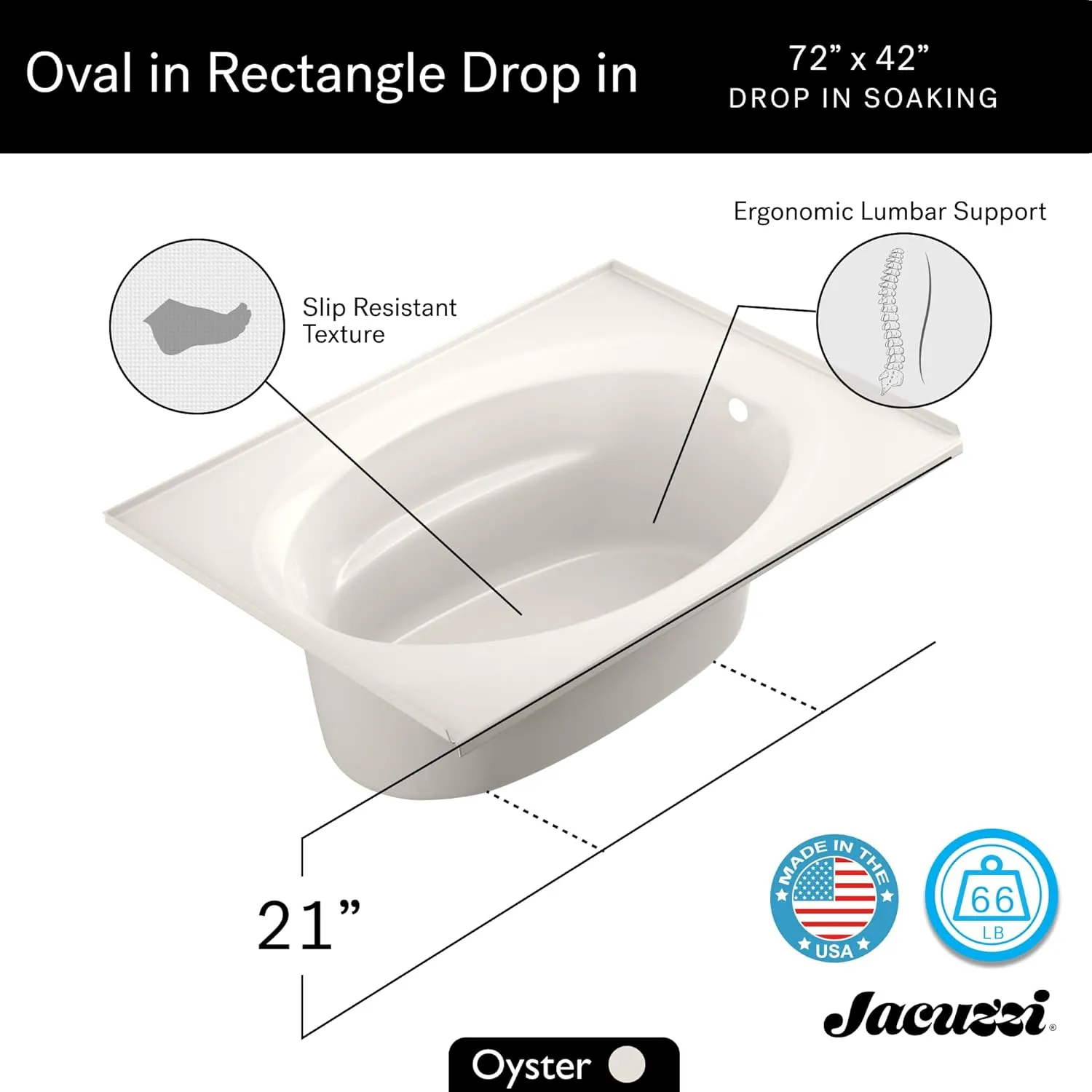 Jacuzzi SIGNATURE Acrylic Oval Drop-In Bathtub, Soaking Sanctuary, Slip Resistant, Right Drain Placement, 72" (L) x 42" (W), Oval In Rectangle, 3-Tile Flange, Oyster