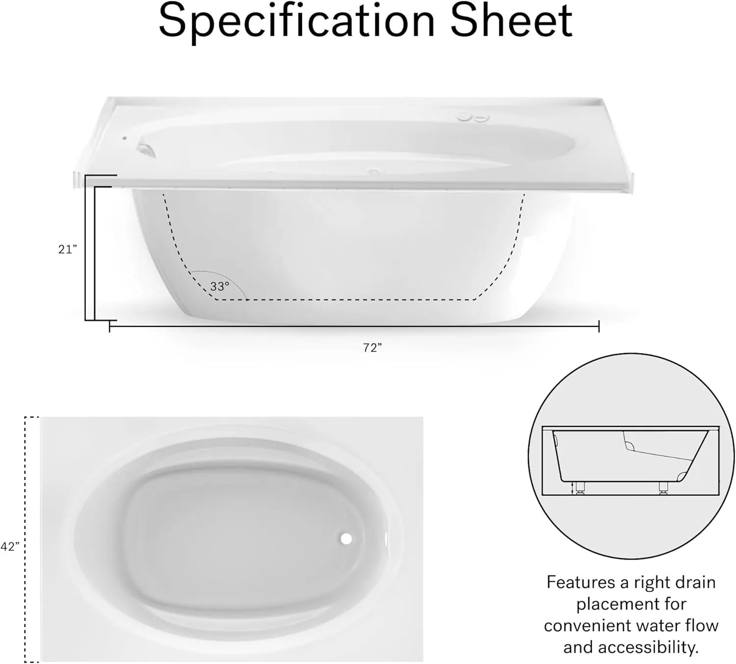 Jacuzzi SIGNATURE Acrylic Oval Drop-In Bathtub, Soaking Sanctuary, Slip Resistant, Right Drain Placement, 72" (L) x 42" (W), Oval In Rectangle, 3-Tile Flange, White