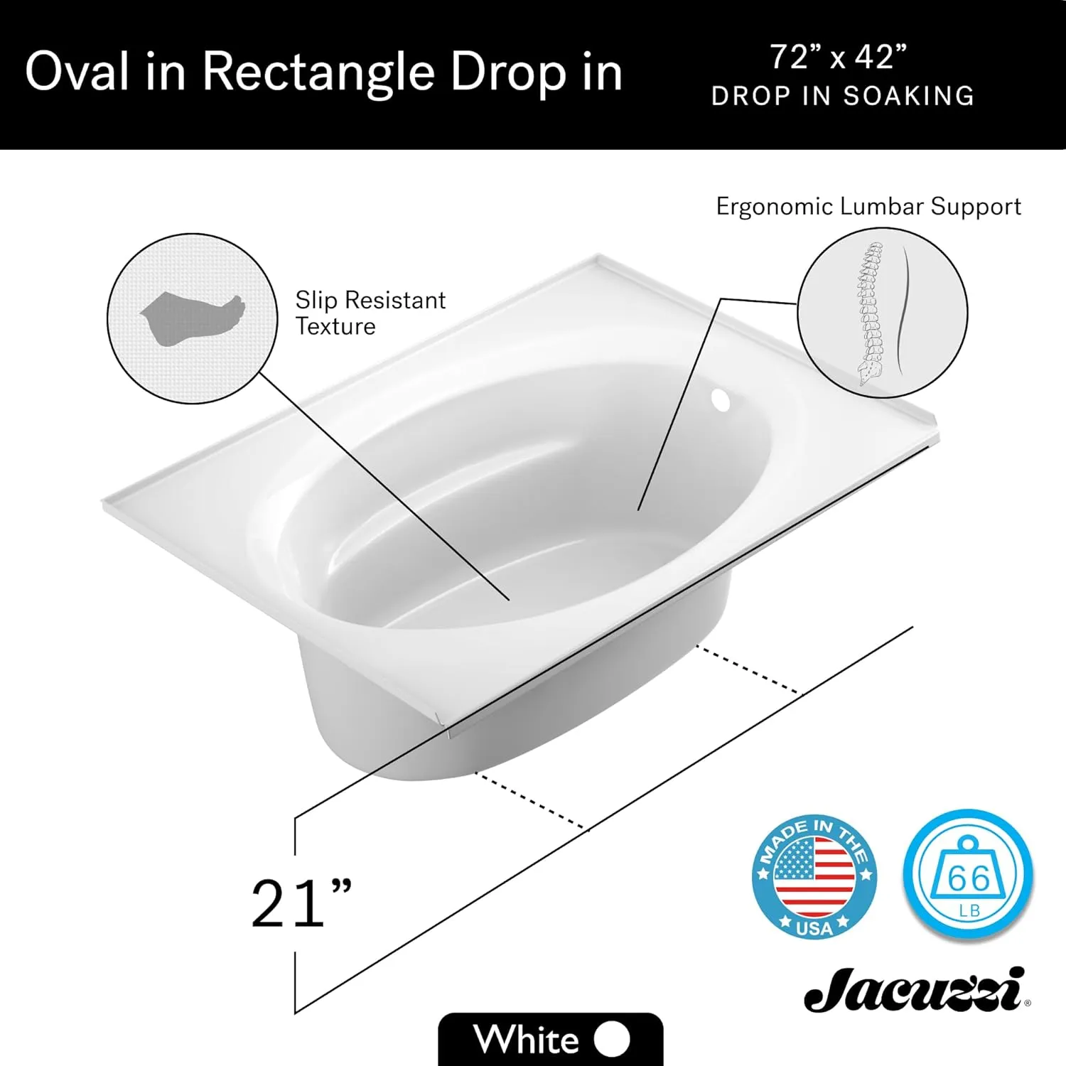 Jacuzzi SIGNATURE Acrylic Oval Drop-In Bathtub, Soaking Sanctuary, Slip Resistant, Right Drain Placement, 72" (L) x 42" (W), Oval In Rectangle, 3-Tile Flange, White