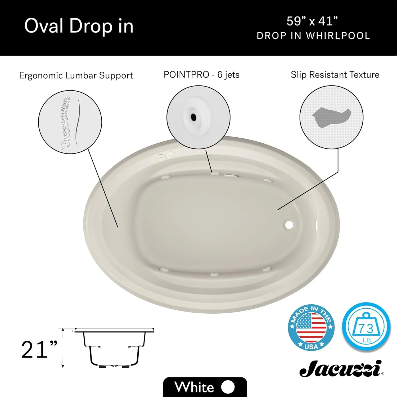 Jacuzzi SIGNATURE Acrylic Whirlpool Oval Drop-In Bathtub, Includes Heater & 6 Jet Massage, Slip Resistant, Right Drain Placement, 59" (L) x 41" (W), Oyster