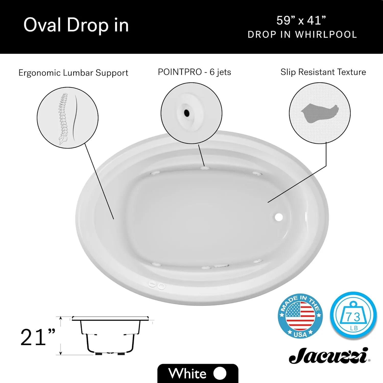 Jacuzzi SIGNATURE Acrylic Whirlpool Oval Drop-In Bathtub, Includes Heater & 6 Jet Massage, Slip Resistant, Right Drain Placement, 59" (L) x 41" (W), White