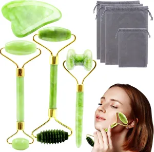 Jade Roller & Gua Sha Set, 4 in 1 Gua Sha Facial Massage Tool Beauty Face Roller Tools for Neck, Eyes, Body Muscle Relaxing and Relieve Fine Lines and Wrinkles