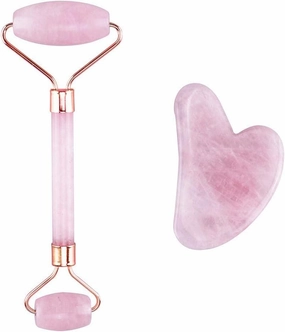 Jade Eye Face Massage Roller Double-Head Natural Pink Crystal V Shaped Facial Guasha Face Beauty Tool Set Rose Gold Guasha