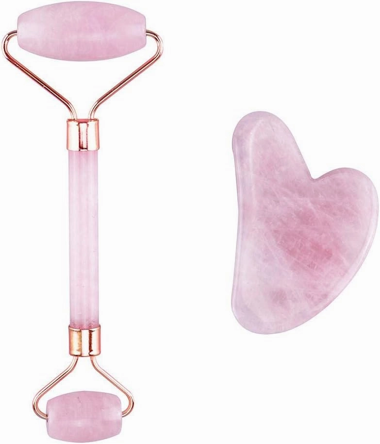 Jade Eye Face Massage Roller Double-Head Natural Pink Crystal V Shaped Facial Guasha Face Beauty Tool Set Rose Gold Guasha