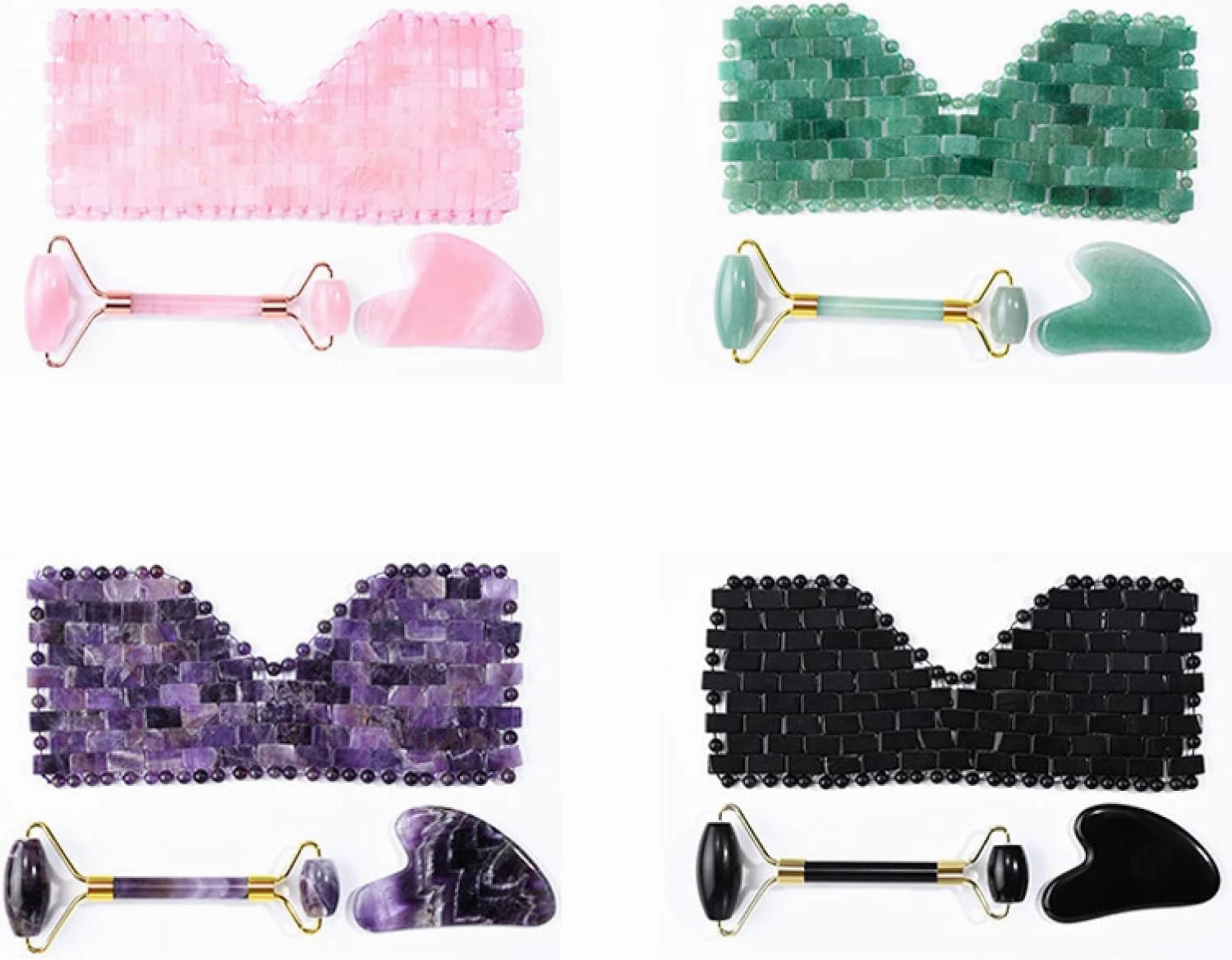Jade Eye Mask Face Massage Roller Set Natural Rose Quartz Sleeping Eye Mask Facial Roller,Obsidian Roller Set
