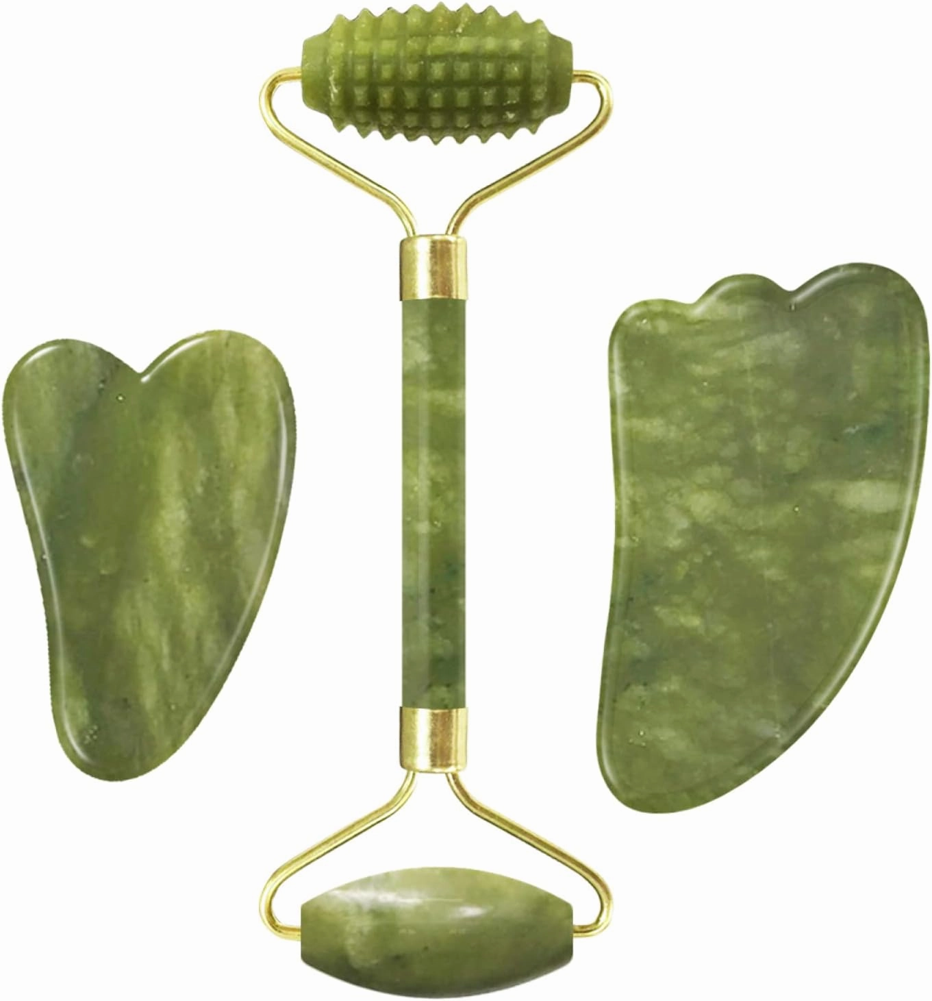Jade Face Roller Gua Sha Facial Massager 100% Natural Real Stone Gouache Scraper Face Skin Massage Tools,Massage Roller-Set G