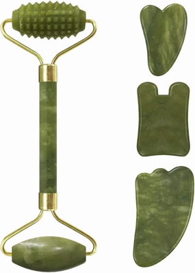 Jade Face Roller Gua Sha Facial Massager 100% Natural Real Stone Gouache Scraper Face Skin Massage Tools,Massage Roller-Set G