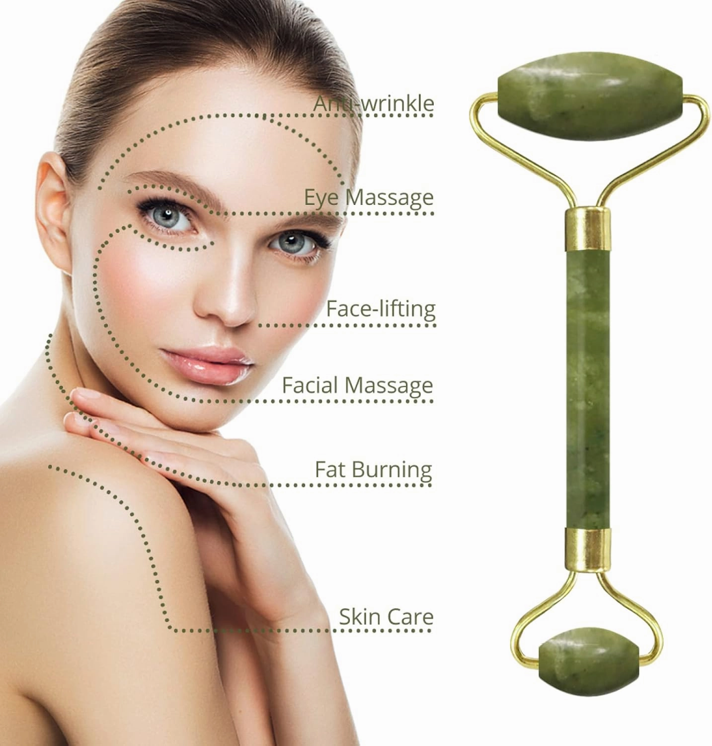 Jade Face Roller Gua Sha Facial Massager 100% Natural Real Stone Gouache Scraper Face Skin Massage Tools,Massage Roller-Set G