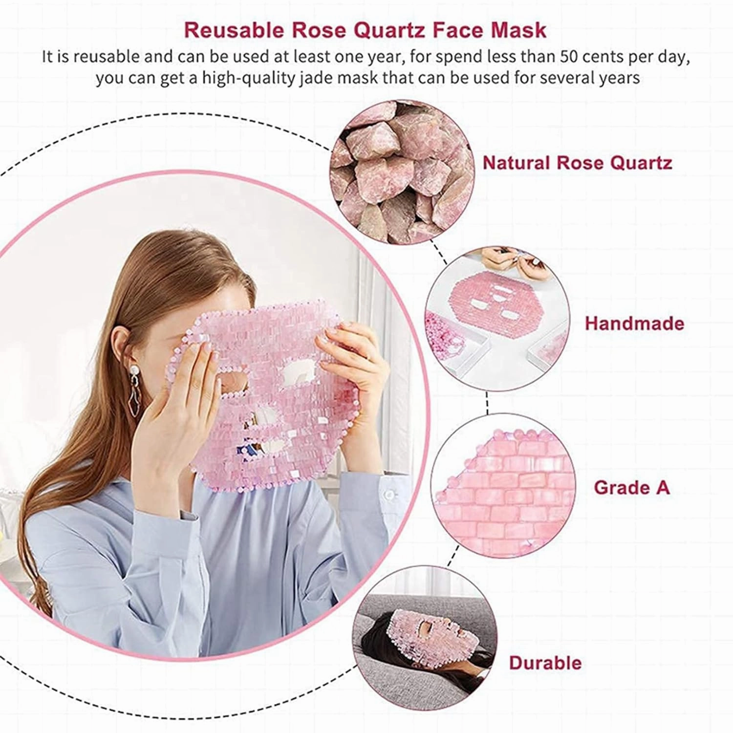 Jade Facial Mask Natural Crystal Stone Anti-Aging Sleeping Masks Rose Quartz Skincare Massager Cold Therapy Beauty Tool for Puffy Eyes Dark Circles Face Caring Gift (Color : Pink, Size : 1PCS)