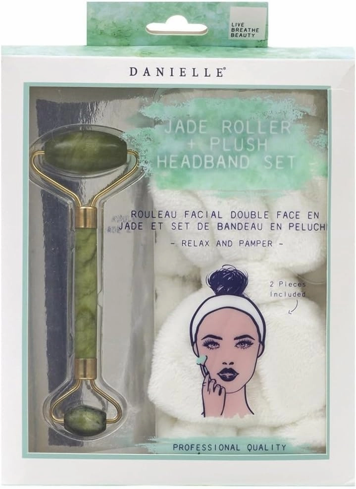 Jade Facial Roller And Plush Headband Set