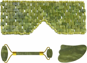 Jade Facial Roller Sleep Mask for Eye Face Massage 100% Natural Stone Gouache Scraper Massage Roller Set,Jade Mask-LY