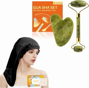 Jade Gua Sha and Face Roller & Long Silk Hair Bonnet for Sleeping Women