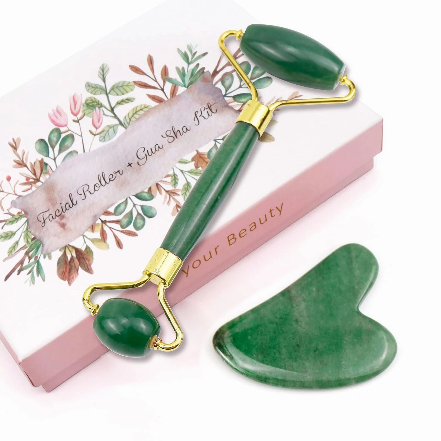 Jade Roller & Gua Sha Set, 100% Natural Facial Roller and Body Massage Skin Care Tools for Beauty, Increase Blood Circulation, Lymphatic Drainage & Reduce Wrinkles and Puffiness - Dark Green