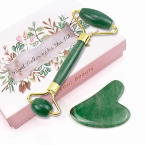 Jade Roller & Gua Sha Set, 100% Natural Facial Roller and Body Massage Skin Care Tools for Beauty, Increase Blood Circulation, Lymphatic Drainage & Reduce Wrinkles and Puffiness - Dark Green
