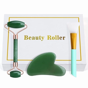 Jade Roller and Gua Sha Set, Facial Skin Care Roller is to Reduce Puffiness and Fine Lines, Massage Tools for Face, Eyes, Neck, Body Muscle Relaxing, with Mask Brush(Green)