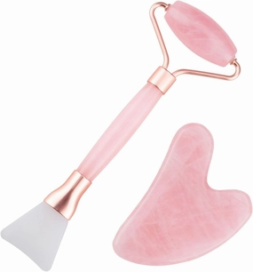 Jade Roller Powder Crystal Facial Mask Brush Roller Shaving Plate Set,Pink