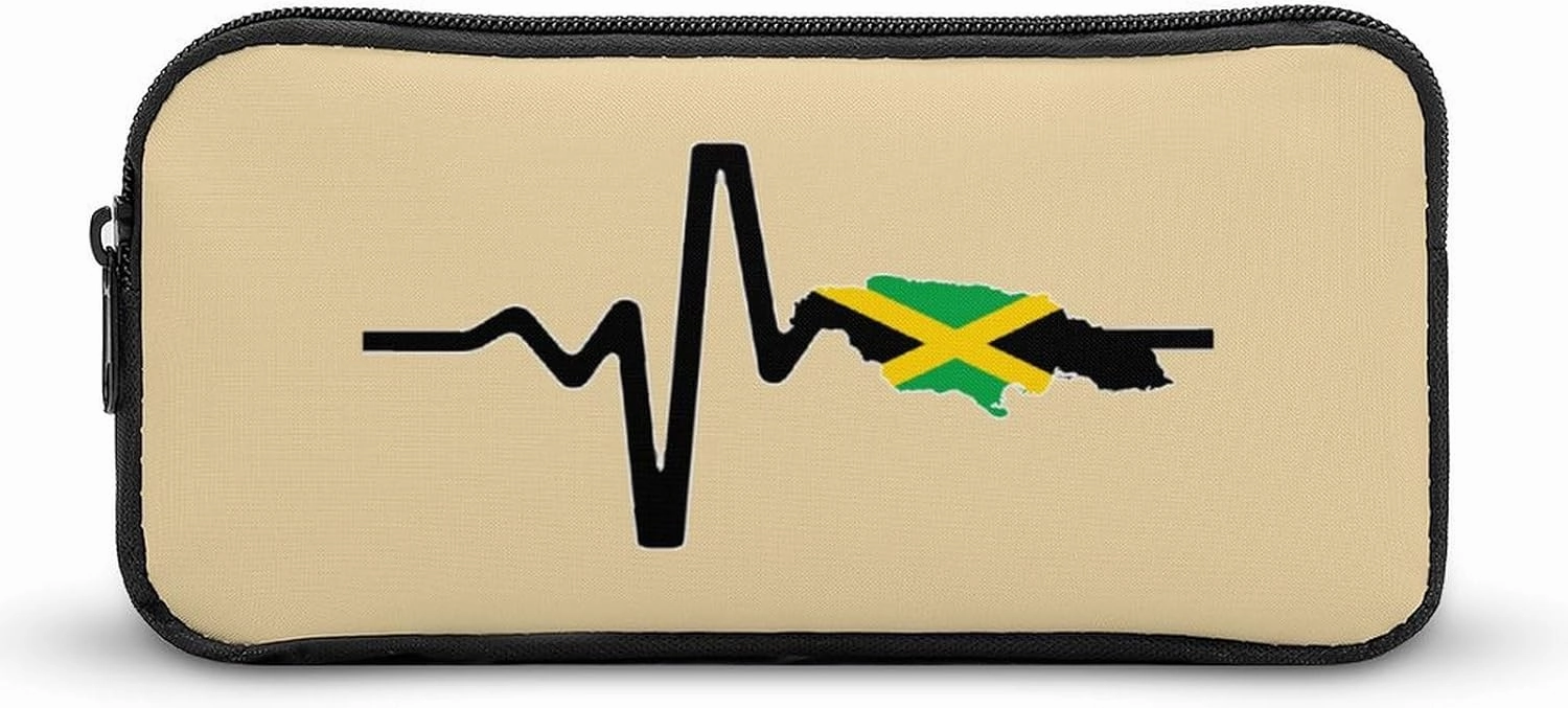 Jamaica Map Flag Heartbeat Cute Pencil Case Pencil Pouch Portable Pen Bag with Zip Stationary Supplies Travel Storage Bag