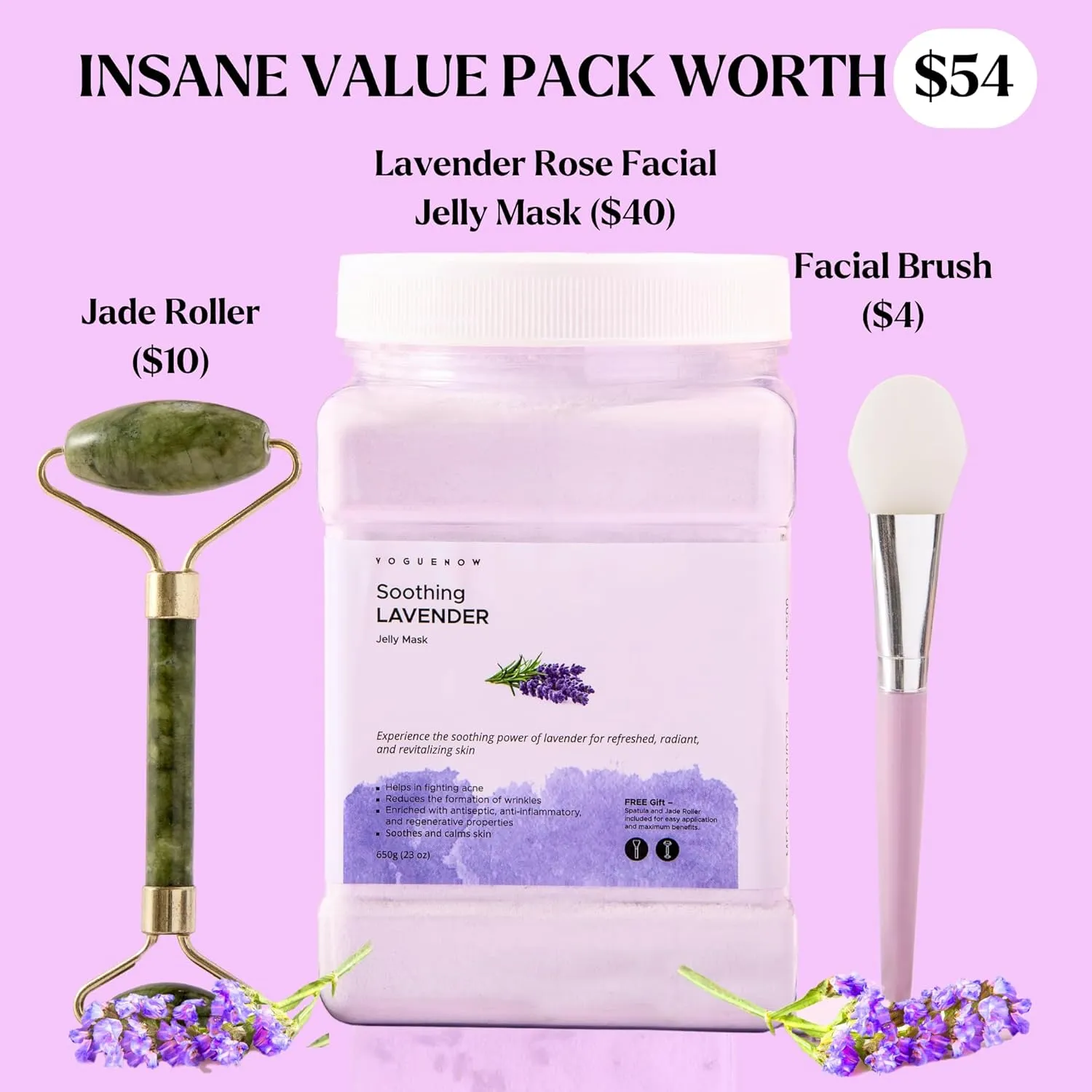 Jelly Face Mask for Facials - Lavender Hydrating, Brightening & Nourishing Jelly Mask with Free Jade Roller & Spatula | Professional Hydrojelly Masks | Vajacial Jelly Mask | 23 Oz Jar Skin Care