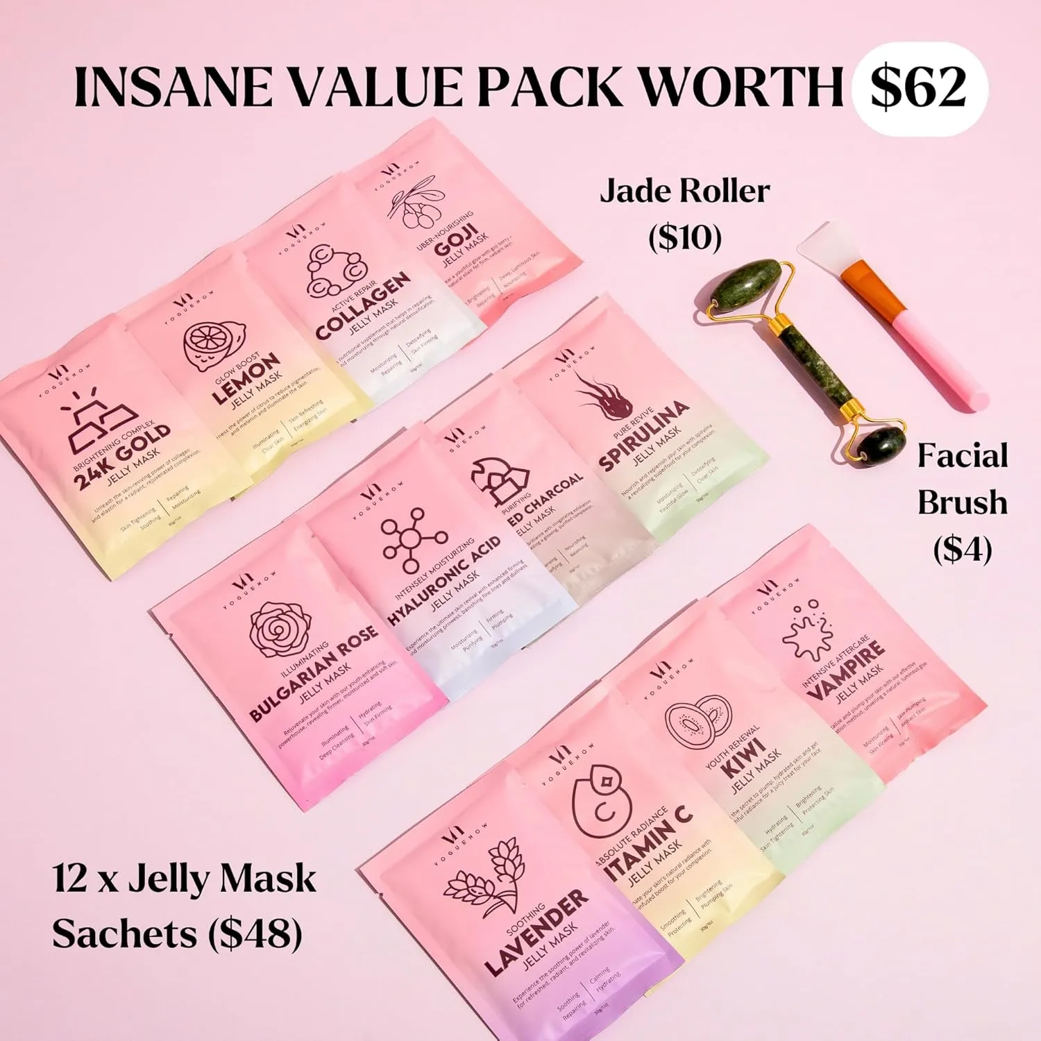 Jelly Mask for Facials - 12 Flavors Hydrating & Brightening Jelly Face Masks | Free Jade Roller & Spatula | Bulgarian Rose, Lavender, Hyaluronic Acid, 24K Gold face mask skin care |Vajacial Jelly Mask