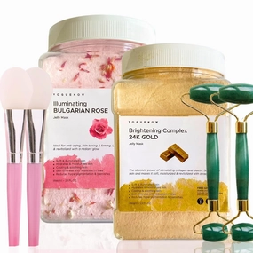 Jelly Face Mask for Facials - 24K Gold   Bulgarian Rose (Pack of 2) - Hydrating Glowing & Nourishing - Free Jade Roller & Spatula - Professional Hydrojelly Masks - Perfect for Vajacial - 46 Oz Jar