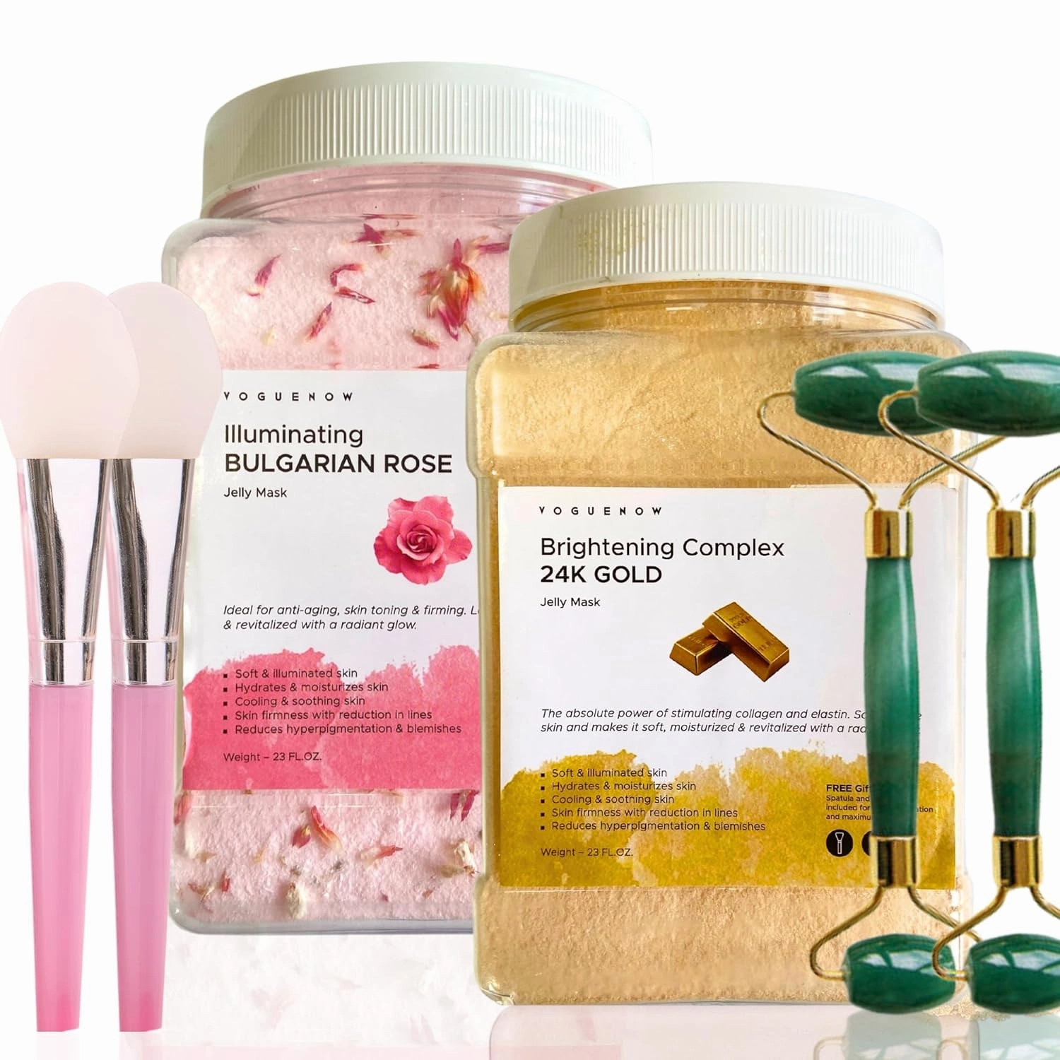 Jelly Face Mask for Facials - 24K Gold   Bulgarian Rose (Pack of 2) - Hydrating Glowing & Nourishing - Free Jade Roller & Spatula - Professional Hydrojelly Masks - Perfect for Vajacial - 46 Oz Jar