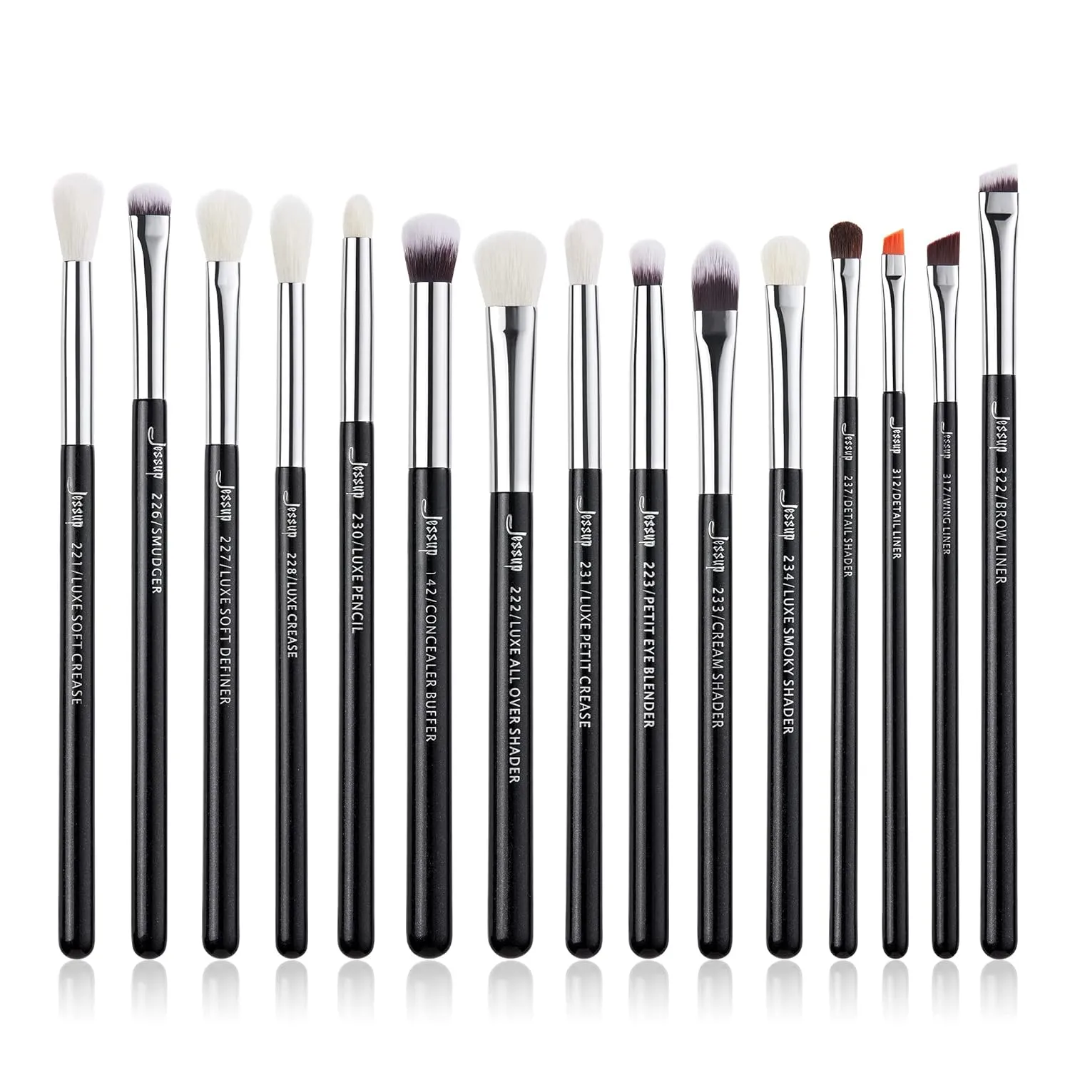 Jessup Eye Makeup Brushes Set Professional 15pcs with Eyeshadow Blending Concealer Eyebrow Eyliner Brush (Pearl Black/Silver)