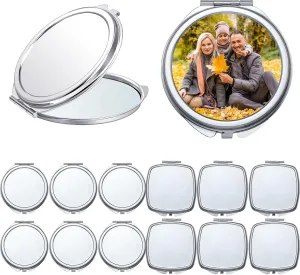 Jetec 12 Pcs Sublimation Blanks Compact Mirror Bulk Transfer Folding Pocket Makeup Double Sided Handheld Mirror Round Square Sublimation for Purse Travel