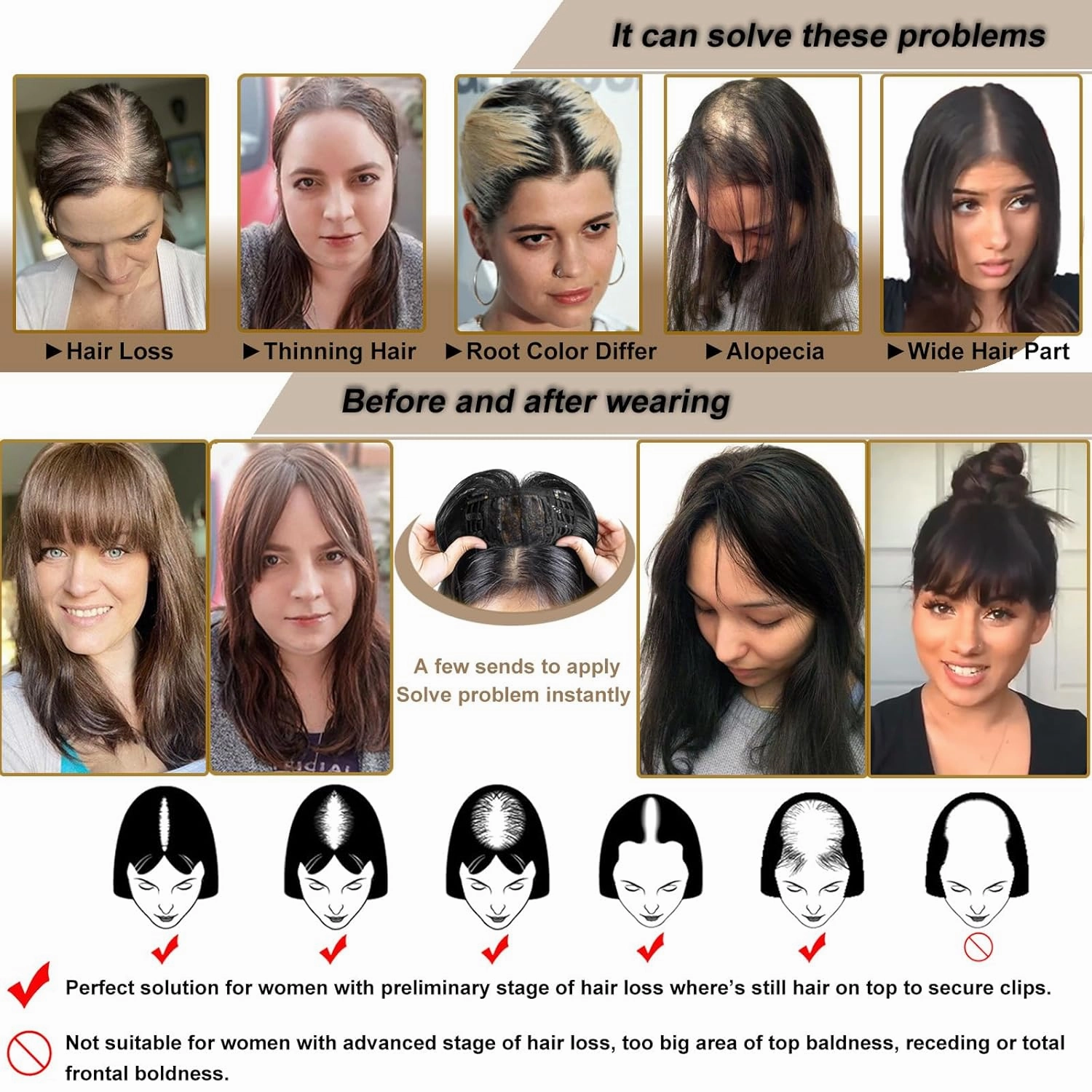 JGS1996 Hair Toppers for Women with Thinning Hair Synthetic Fiber Clip in Hair Pieces 7 * 7 Inch Large Base Wiglets with Bangs Hair Extension Hairpieces 14 Inch Dark Brown