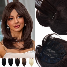 JGS1996 Hair Toppers for Women with Thinning Hair Synthetic Fiber Clip in Hair Pieces 7 * 7 Inch Large Base Wiglets with Bangs Hair Extension Hairpieces 14 Inch Dark Brown