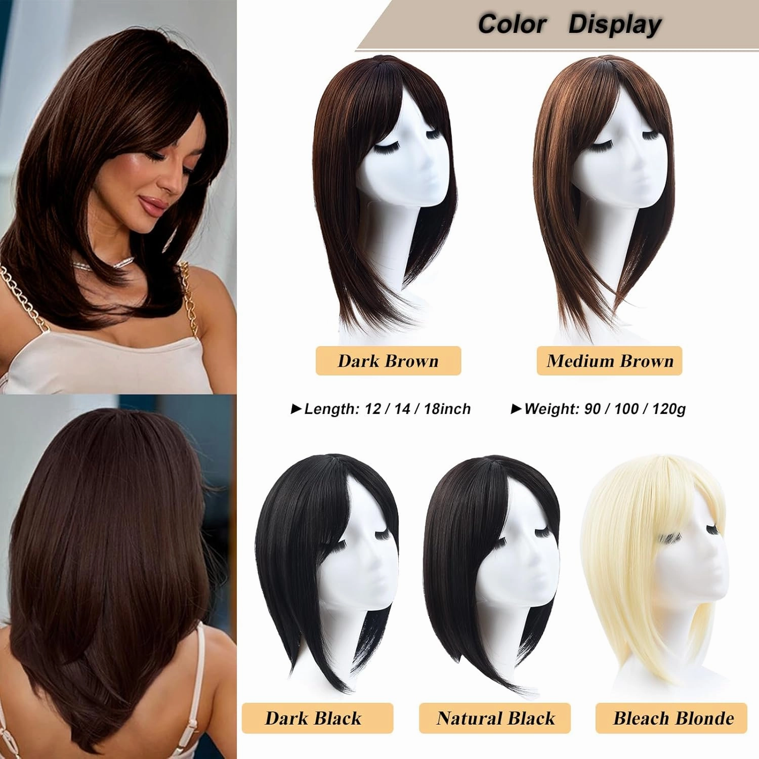 JGS1996 Hair Toppers for Women with Thinning Hair Synthetic Fiber Clip in Hair Pieces 7 * 7 Inch Large Base Wiglets with Bangs Hair Extension Hairpieces 14 Inch Dark Brown