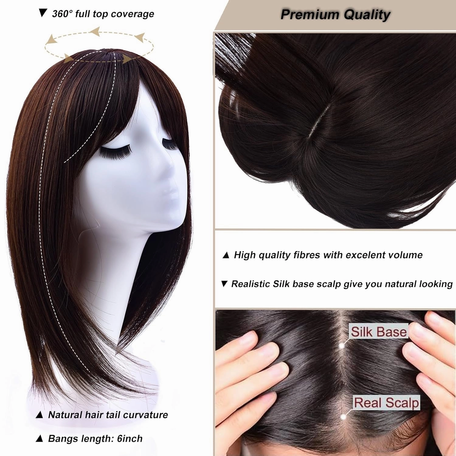 JGS1996 Hair Toppers for Women with Thinning Hair Synthetic Fiber Clip in Hair Pieces 7 * 7 Inch Large Base Wiglets with Bangs Hair Extension Hairpieces 14 Inch Dark Brown