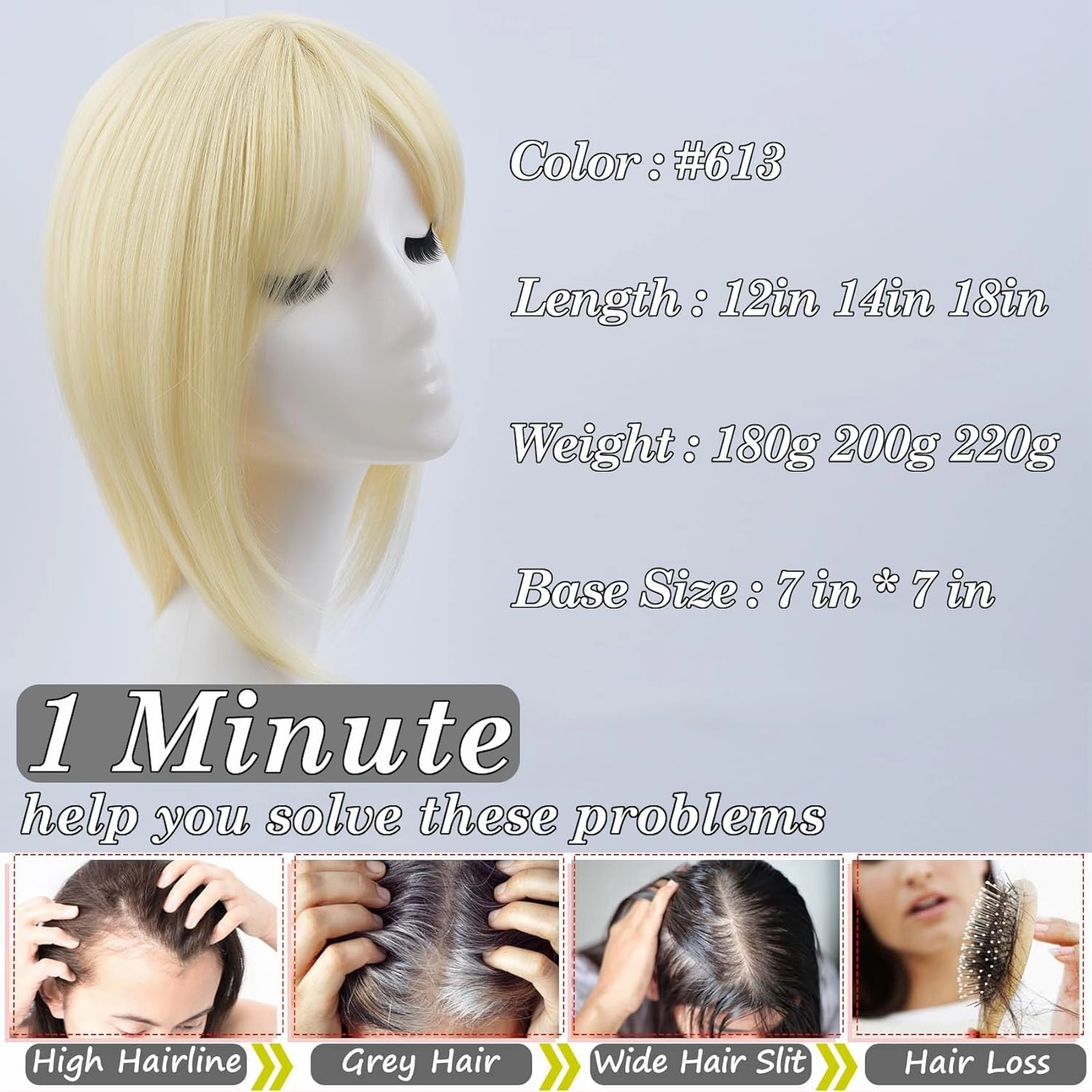 JGS1996 Hair Toppers for Women with Thinning Hair Synthetic Fiber Clip in Hair Pieces 7 * 7 Inch Large Base Wiglets with Bangs Hair Extension Hairpieces 18 Inch Bleach Blonde