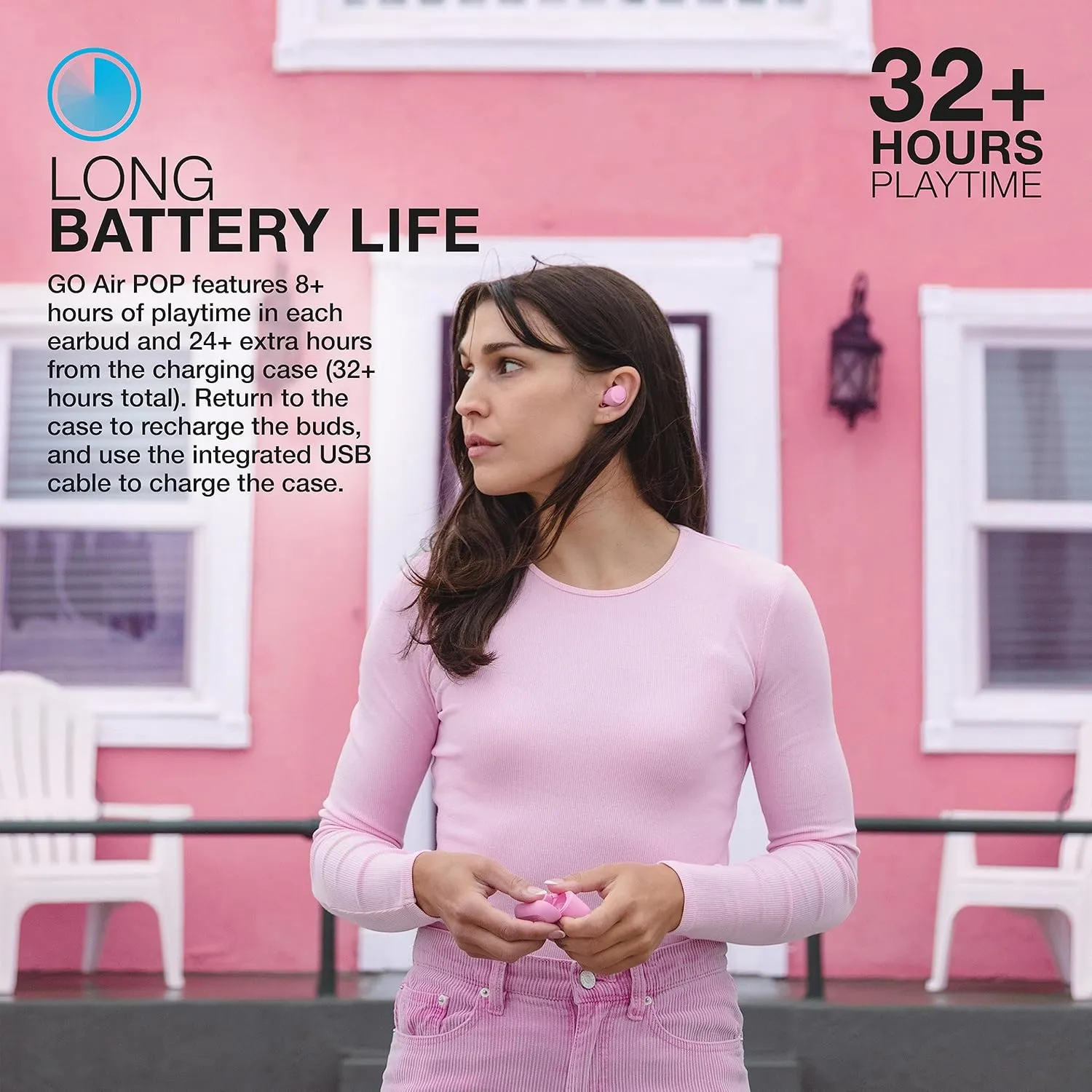 JLab Go Air Pop True Wireless Bluetooth Earbuds & Charging Case, Pink, Dual Connect, IPX4 Sweat Resistance, Bluetooth 5 Connection, 3 EQ Sound Settings Signature, Balanced, Bass Boost