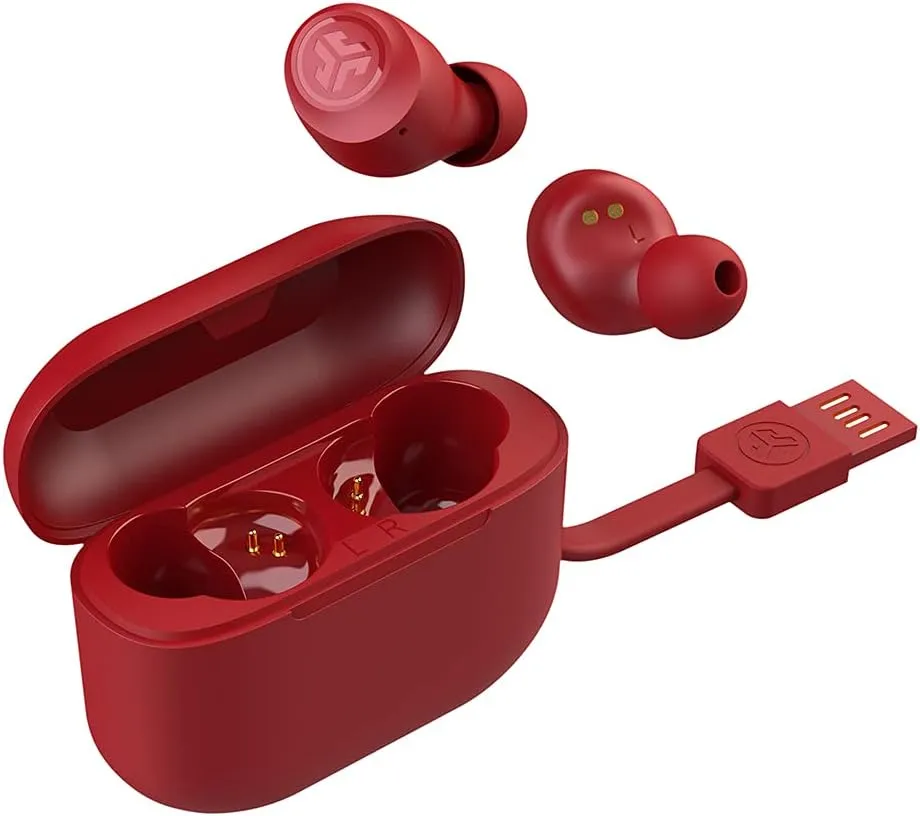 JLab Go Air Pop True Wireless Bluetooth Earbuds & Charging Case, Rose Red, Dual Connect, IPX4 Sweat Resistance, Bluetooth 5 Connection, 3 EQ Sound Settings Signature, Balanced, Bass Boost