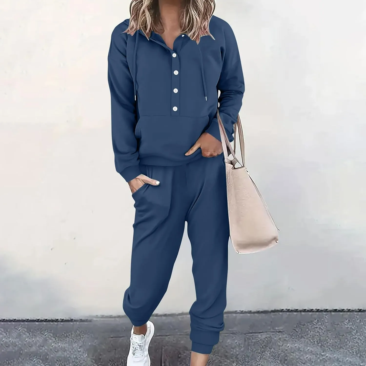 Jogger Sets For Women 2 Piece Sweatsuit Fashion Solid Hooded Long Sleeved long Pants Hoodie Set Tracksuit