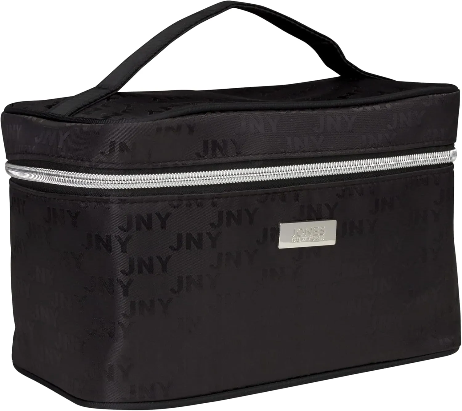 Jones New York Women's Cosmetics Bag - Travel Makeup and Toiletries Train Case Organizer, Black Tonal Logo