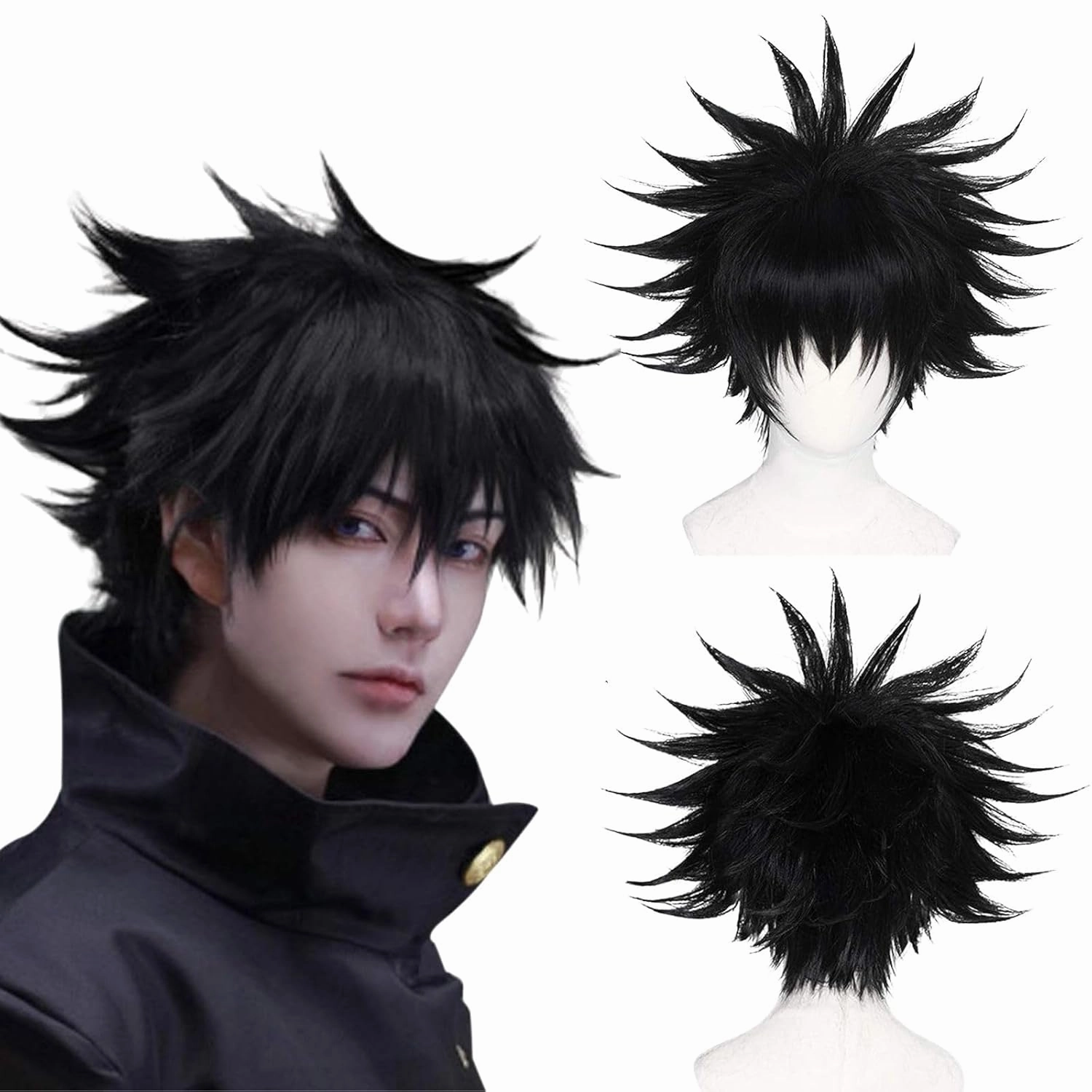 JoneTing Black Layered Wig 【 Hair Cap】 Cosplay Costume Synthetic Short Black Spiky Wigs for Halloween Black Hair for Boy Anime Cospaly Peluca Negra for Mens Wig