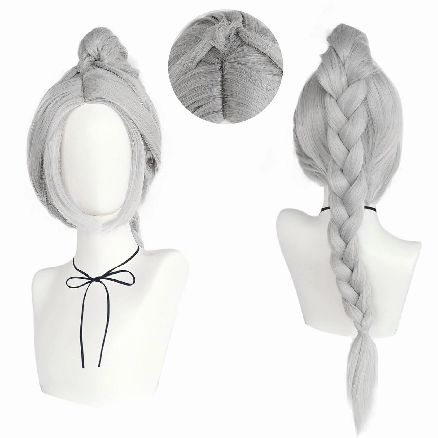 JoneTing Long Silver Braided Wig for Women【 Hair Cap】 Silver Wigs with Baided Ponytail Gray Ponytail Wigs for Cosplay Party Long Braided Hair BG3 Cosplay Wig Costume Outfit for Halloween
