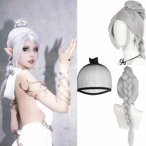 JoneTing Long Silver Braided Wig for Women【 Hair Cap】 Silver Wigs with Baided Ponytail Gray Ponytail Wigs for Cosplay Party Long Braided Hair BG3 Cosplay Wig Costume Outfit for Halloween