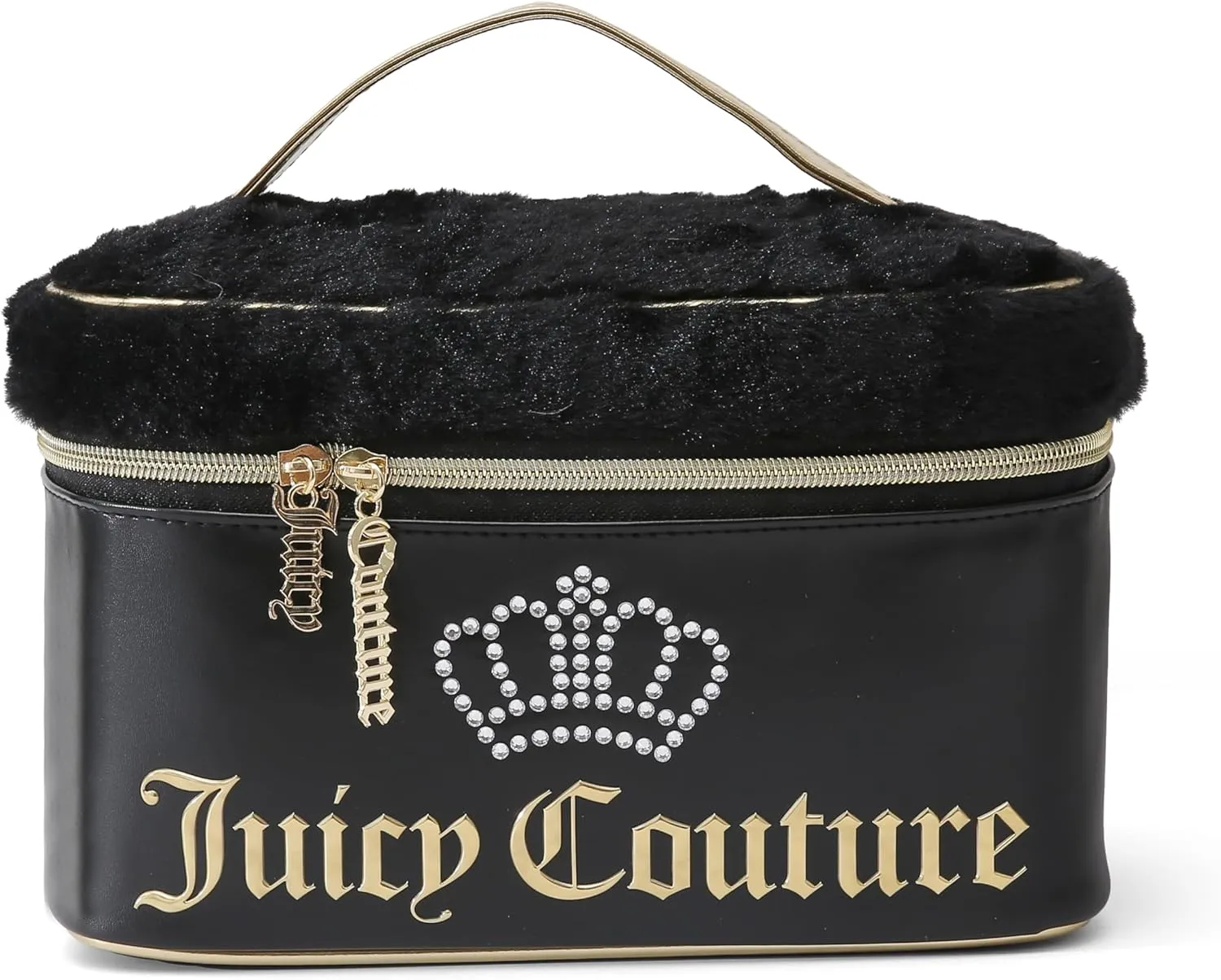Juicy Couture Black Faux Fur Cosmetics Case Train Bag with Rhinestone Crown