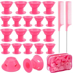 JULBEAR Heatless Silicone Hair Curling Rod Set for Women and Girls - 60 Pcs Pink Magic Rollers with Headband, 2 Combs, Large and Small Curlers for Long and Short Hair